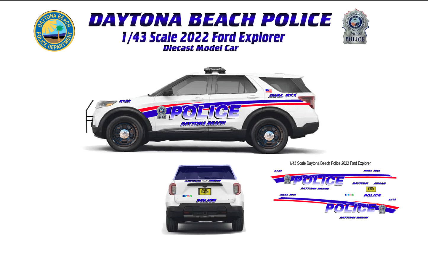 1/43 Scale Daytona Beach Police 2022 Ford Explorer Waterslide Decals – Laser Printed | Custom Diecast Graphics Sheet | Badboys Creations