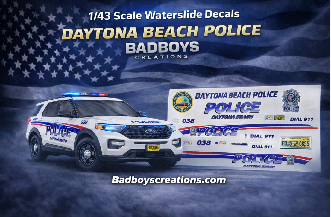 1/43 Scale Daytona Beach Police 2022 Ford Explorer Waterslide Decals – Laser Printed | Custom Diecast Graphics Sheet | Badboys Creations