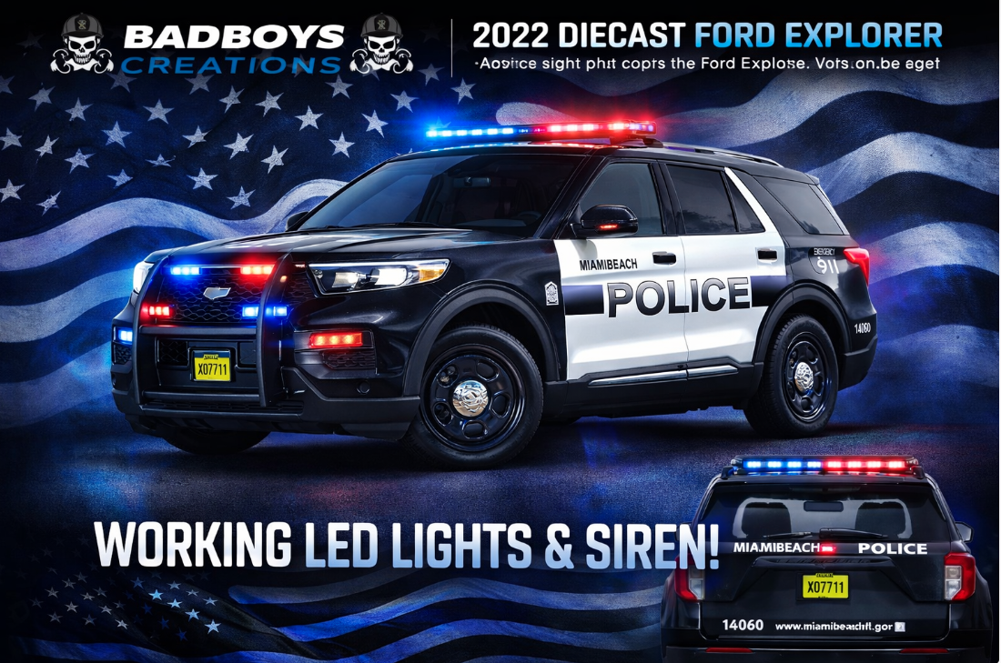 1/24 Scale 2022 Ford Police Explorer – Miami Police Department Florida Diecast Model | Working LED Lights & Siren | Custom Made by Badboys Creations