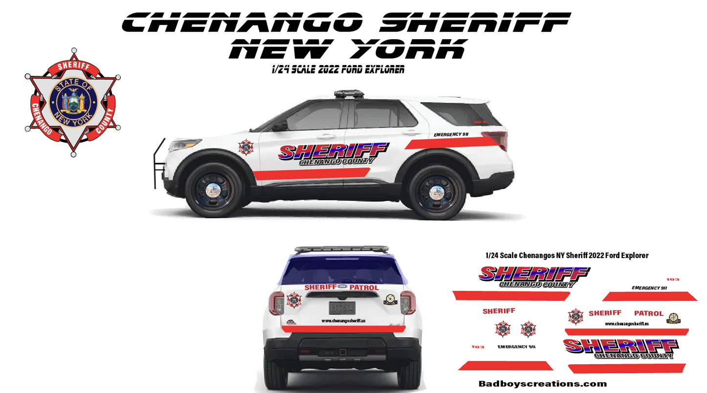 1/24 Scale 2022 Chenangos NY Sheriff Ford Explorer Waterslide Decals Sheet – Custom Laser Printed