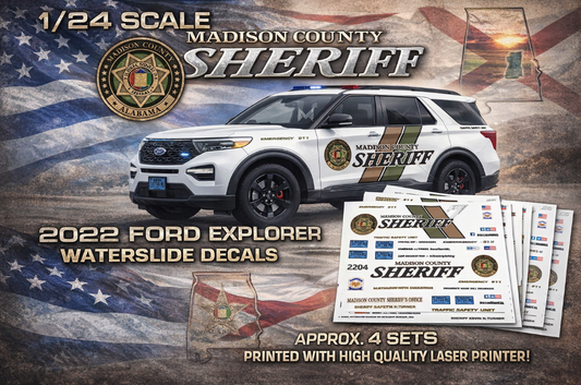 1/24 Scale Madison County Alabama Sheriff 2022 Ford Explorer Waterslide Decals – Custom Police Graphics – High Quality Laser Printed – Badboys Creations