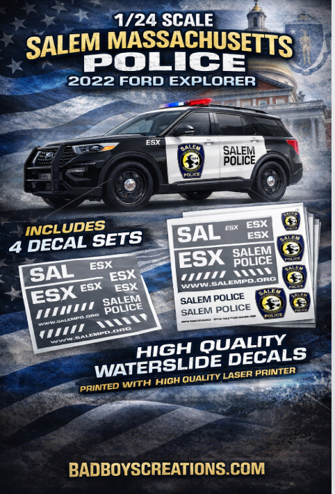 1/24 Scale Salem Massachusetts Police 2022 Ford Explorer Waterslide Decals | Custom Laser Printed | Badboys Creations | badboyscreations.com