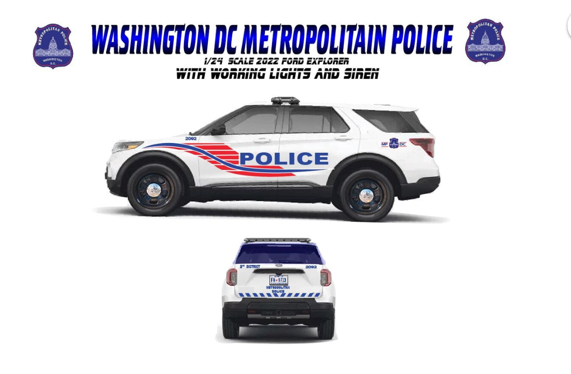 1/24 Scale Washington DC Police 2022 Ford Explorer Diecast Model Car w/ Working LED Lights & Siren – Custom by Badboys Creations
