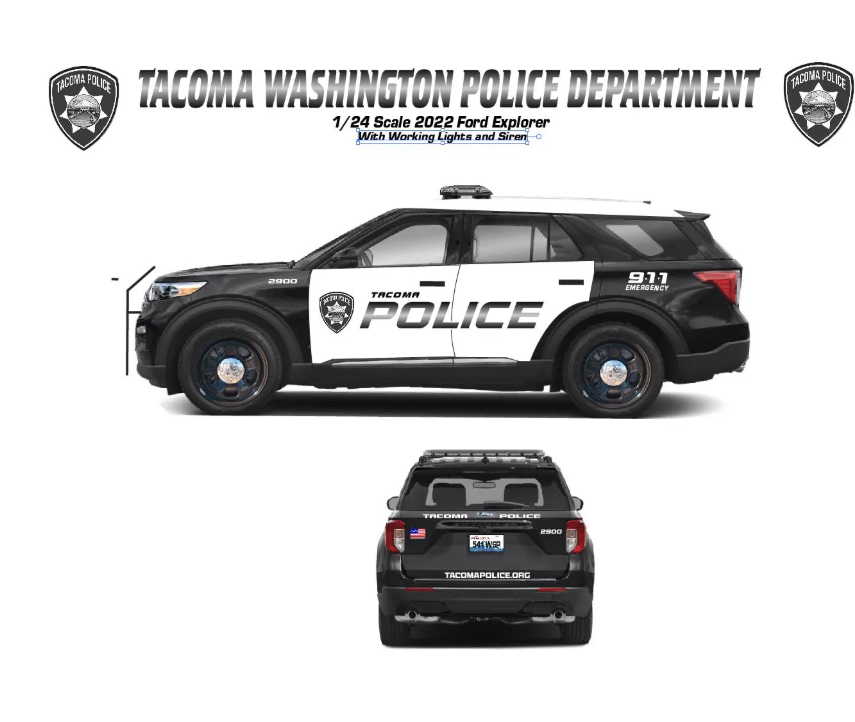 1/24 Scale Tacoma Washington Police 2022 Ford Explorer – Custom Diecast Model Car w/ Working LED Lights & Siren | Badboys Creations