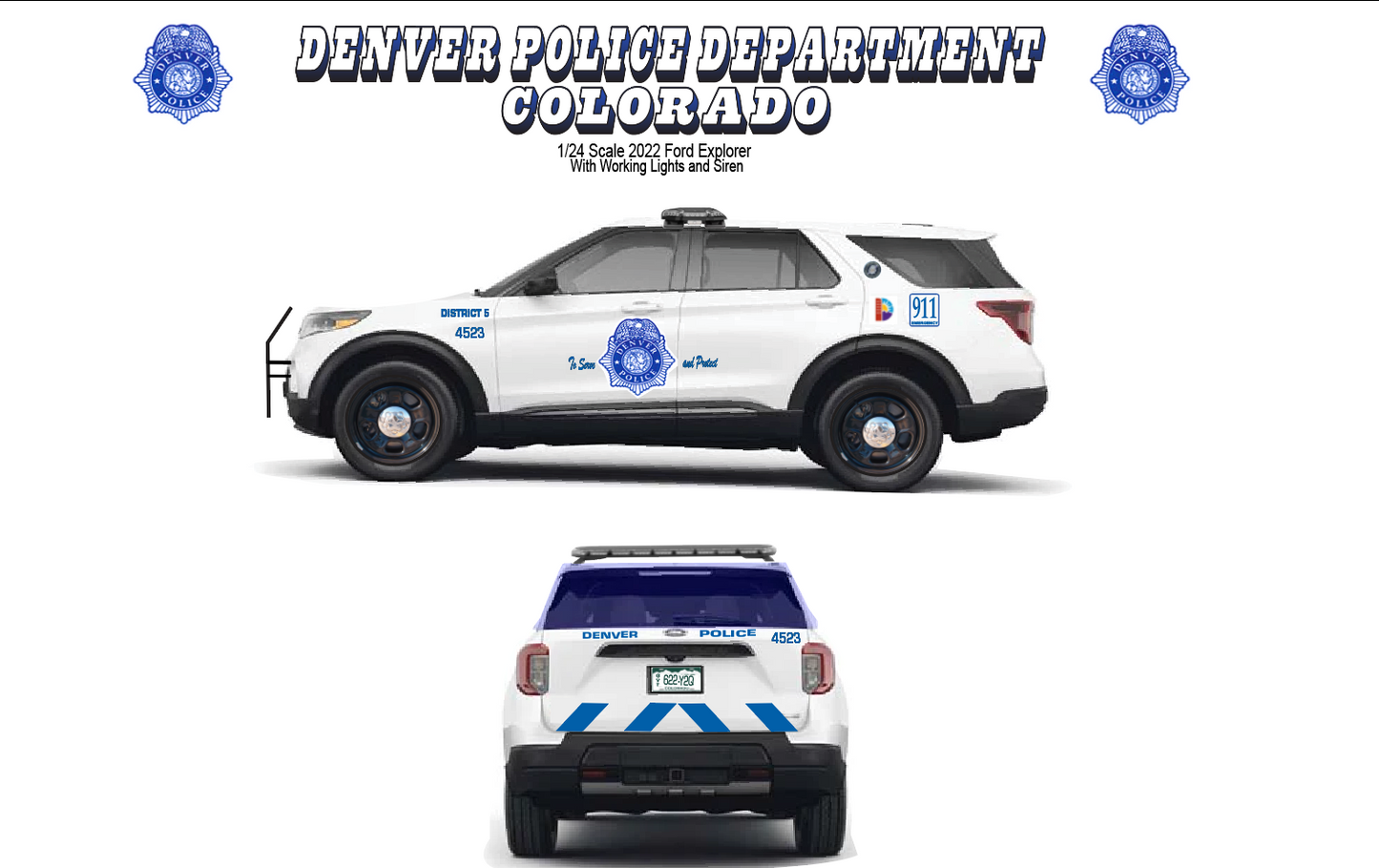1/24 Scale Denver Colorado Police 2022 Ford Explorer Diecast Model Car w/ Working LED Lights & Siren – Custom by Badboys Creations