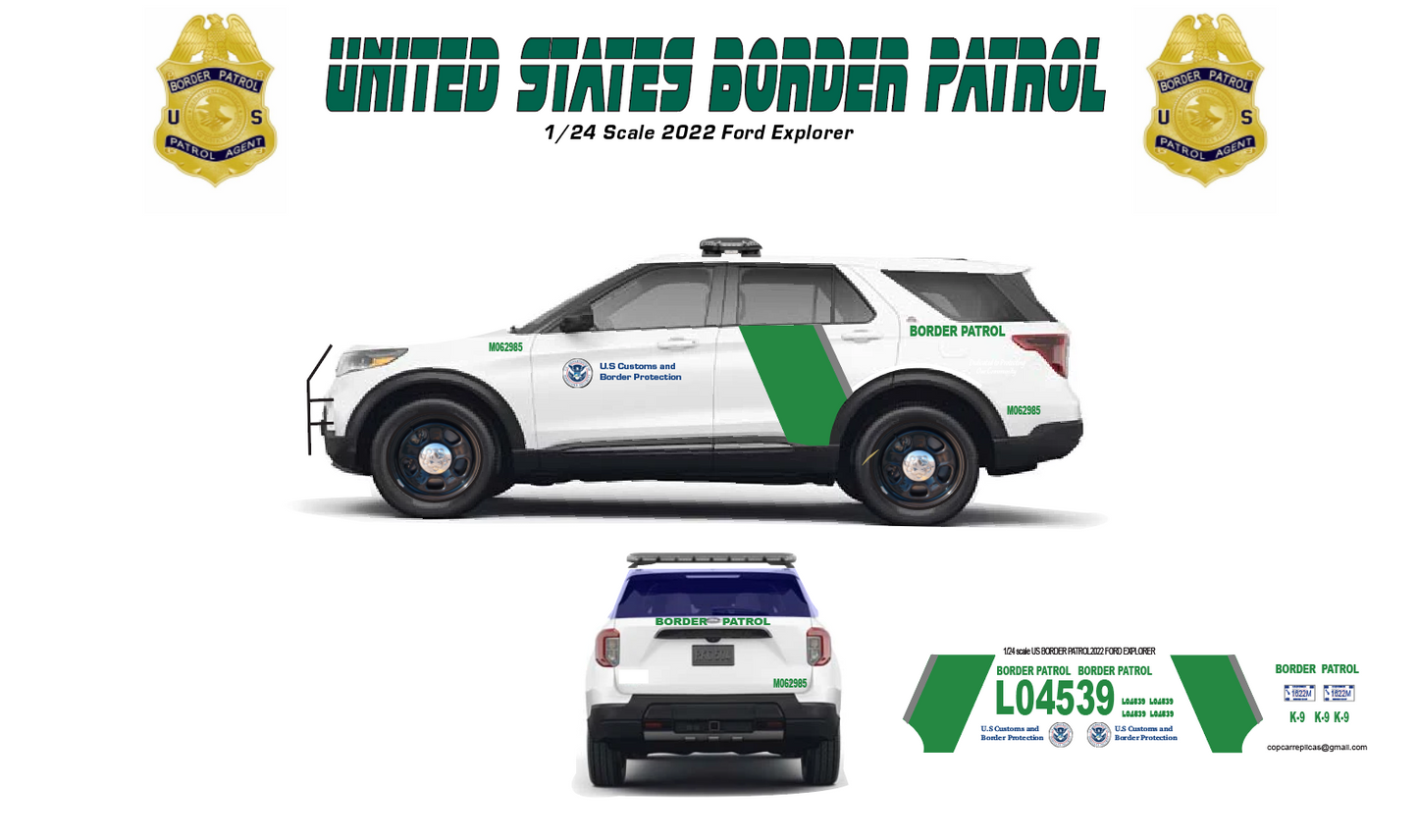1/24 Scale U.S. Border Patrol 2022 Ford Explorer Waterslide Decals – Approx. 4 Sets Included – Custom Diecast Graphics – Decals Only | Badboys Creations