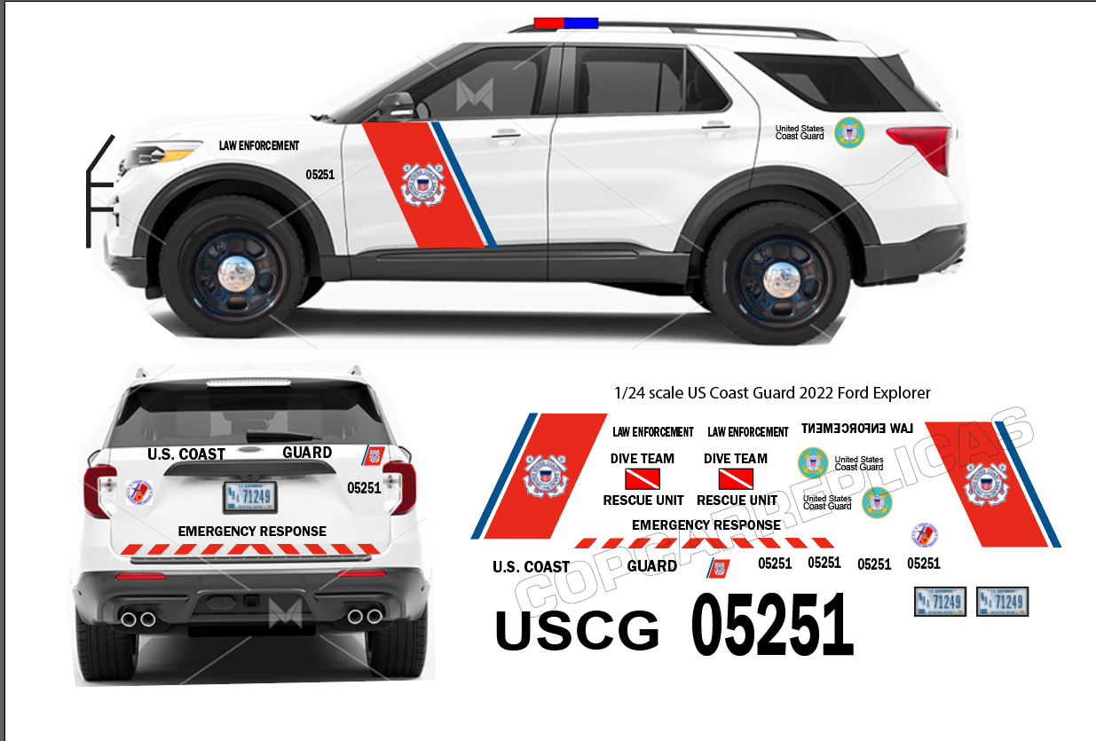 1/24 Scale U.S. Coast Guard 2022 Ford Explorer Waterslide Decals – 4 Complete Sets – Custom Diecast Graphics – Decals Only