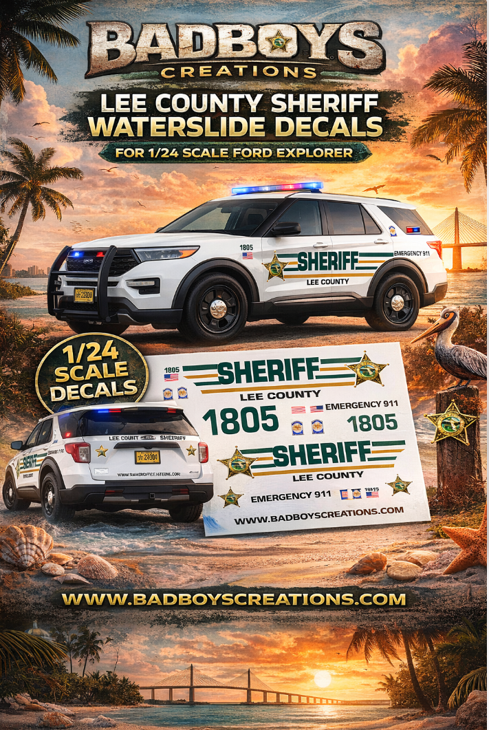 1/24 Scale Lee County Sheriff 2022 Ford Explorer Waterslide Decals – 4 Complete Sets – Custom Made by Badboys Creations