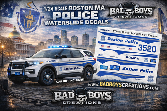 1/24 Scale Boston Massachusetts Police 2022 Ford Explorer Waterslide Decals – 4 Sets Included – Custom Made by Badboys Creations