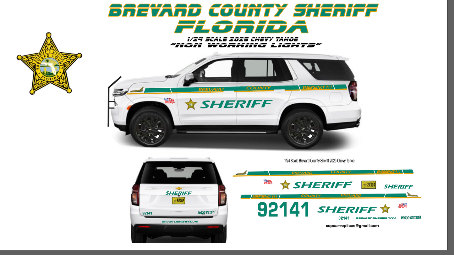 1/24 Scale Brevard County Sheriff Florida 2025 Chevy Tahoe Waterslide Decals – 4 Complete Sets – Custom Diecast Graphics | Badboys Creations