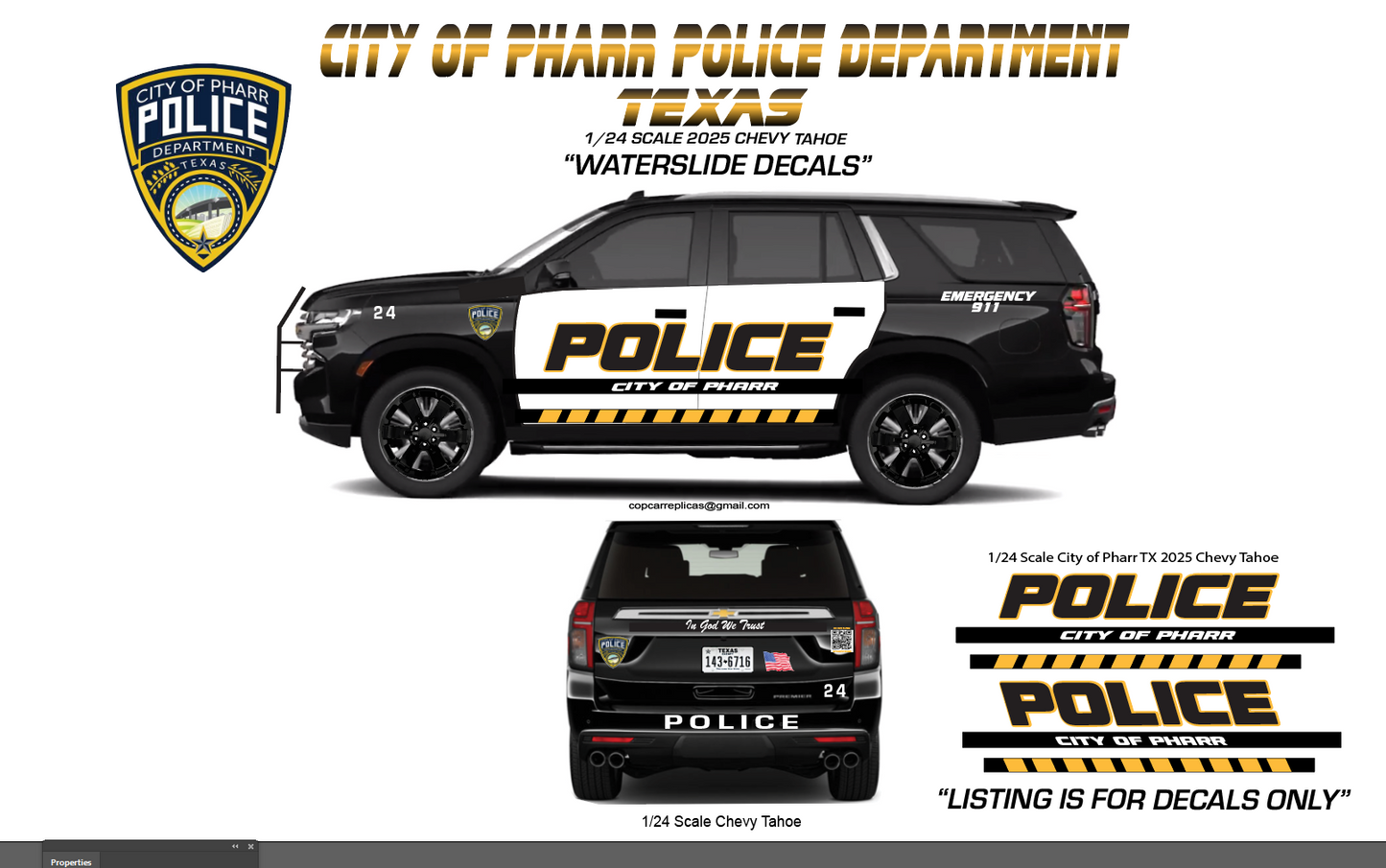 1/24 Scale City of Pharr Texas Police 2025 Chevy Tahoe Waterslide Decals – 4 Complete Sets – Custom Diecast Graphics