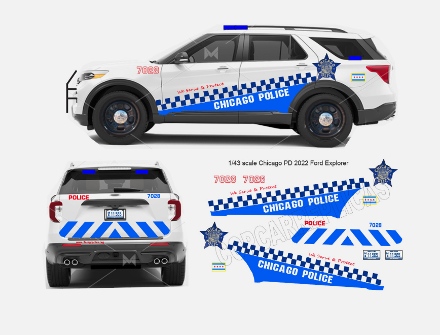 1/43 Scale Chicago Police 2022 Ford Explorer Waterslide Decals – 6 Sets Included – Diecast Model Graphics – Decals Only | Badboys Creations