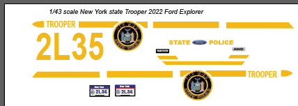 1/43 Scale New York State Police 2022 Ford Explorer Waterslide Decals – Approx 6 Sets – Diecast Model Graphics – Badboys Creations