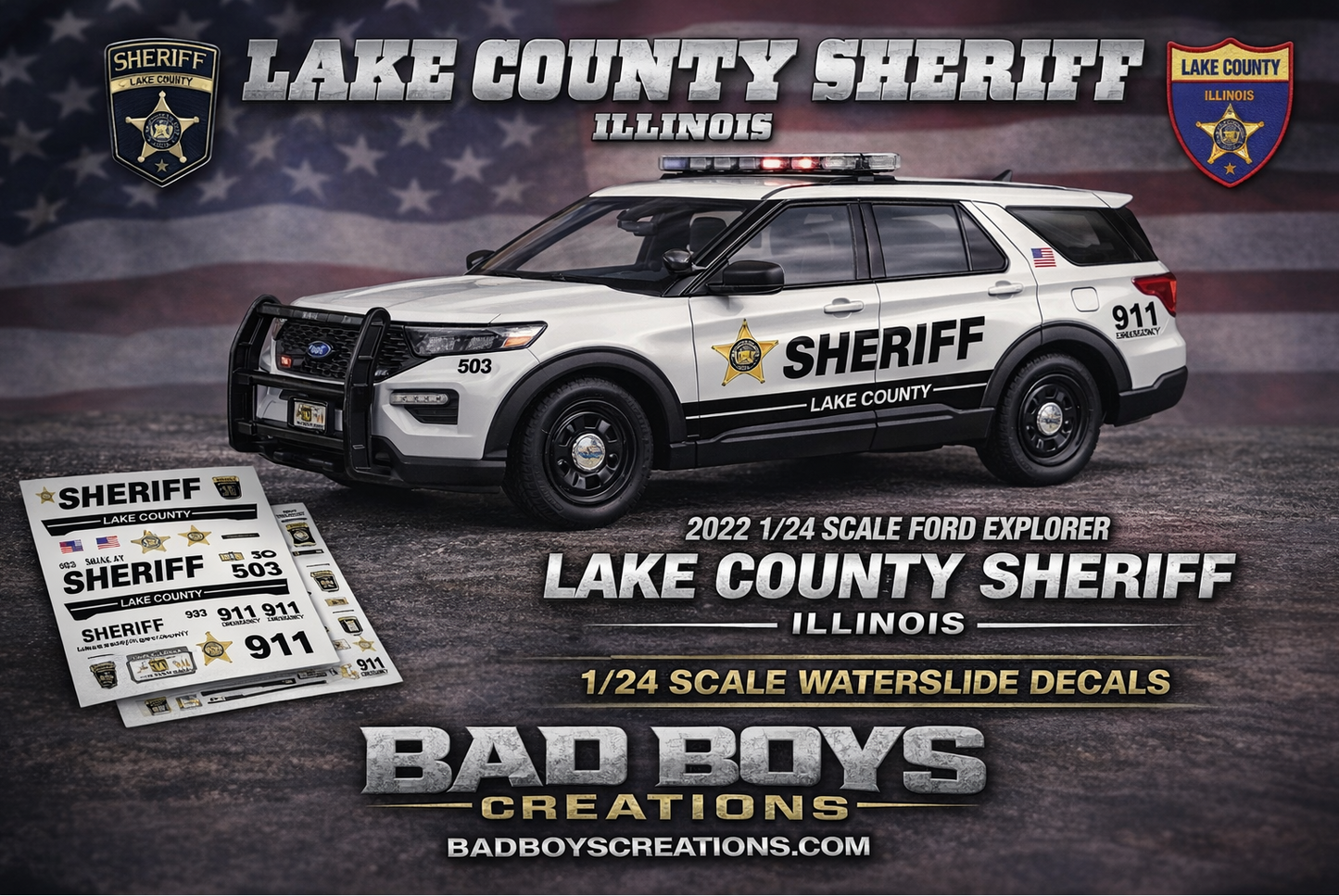 1/24 Scale Lake County Sheriff Illinois 2022 Ford Explorer Waterslide Decals – Approx. 4 Sets – Decals Only