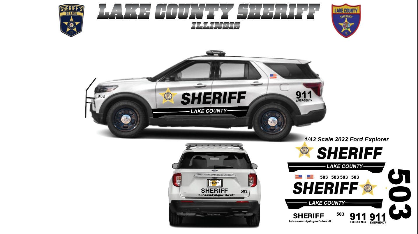 1/43 Scale Lake County Sheriff Illinois 2022 Ford Explorer Waterslide Decals – Approx. 6 Sets – Diecast Model Decal Sheet – Decals Only