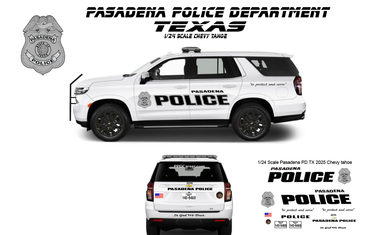 1/24 Scale Pasadena Texas Police Waterslide Decals – 2025 Chevy Tahoe – Custom Diecast Graphics – Badboys Creations