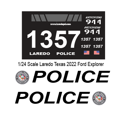 1/24 Scale Laredo Texas Police Waterslide Decals – 2022 Ford Explorer – Laser Printed – Approx 4 Sets | Badboys Creations