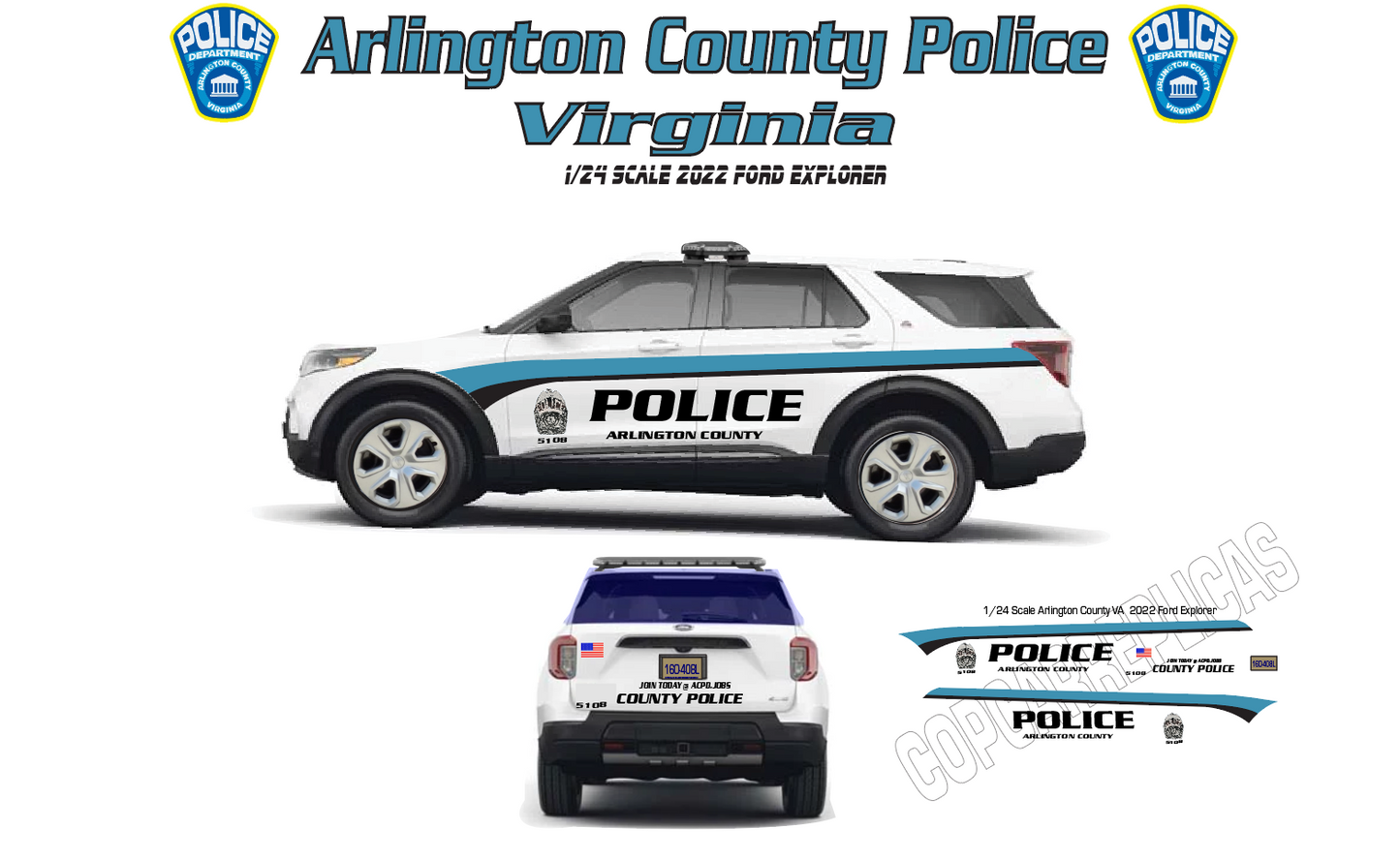 1/24 Scale Arlington County Virginia Police Waterslide Decals – 2022 Ford Explorer – Custom Laser Printed – Approx 4 Sets – Decals Only