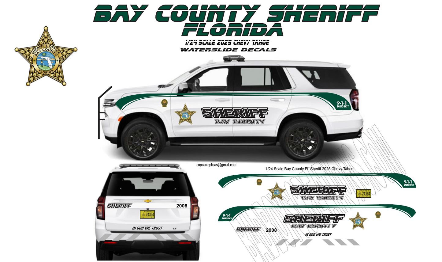 1/24 Scale Bay County Florida Sheriff 2025 Chevy Tahoe Waterslide Decals – Custom Laser Printed (Approx. 4 Sets) – Decals Only