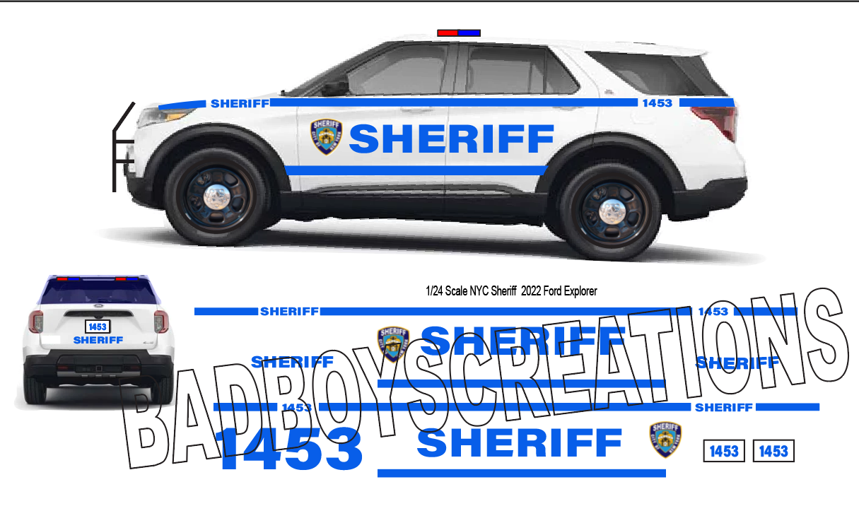 1/24 Scale New York City Sheriff Waterslide Decals for 2022 Ford Explorer – Custom NYC Sheriff Graphics – 4 Sets – Decals Only