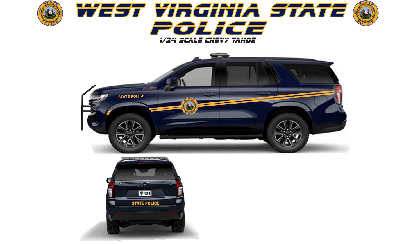 1/24 Scale 2025 Chevy Tahoe West Virginia State Police Diecast Model Replica – Custom Detailed W.V. State Police SUV – Non Working Lights