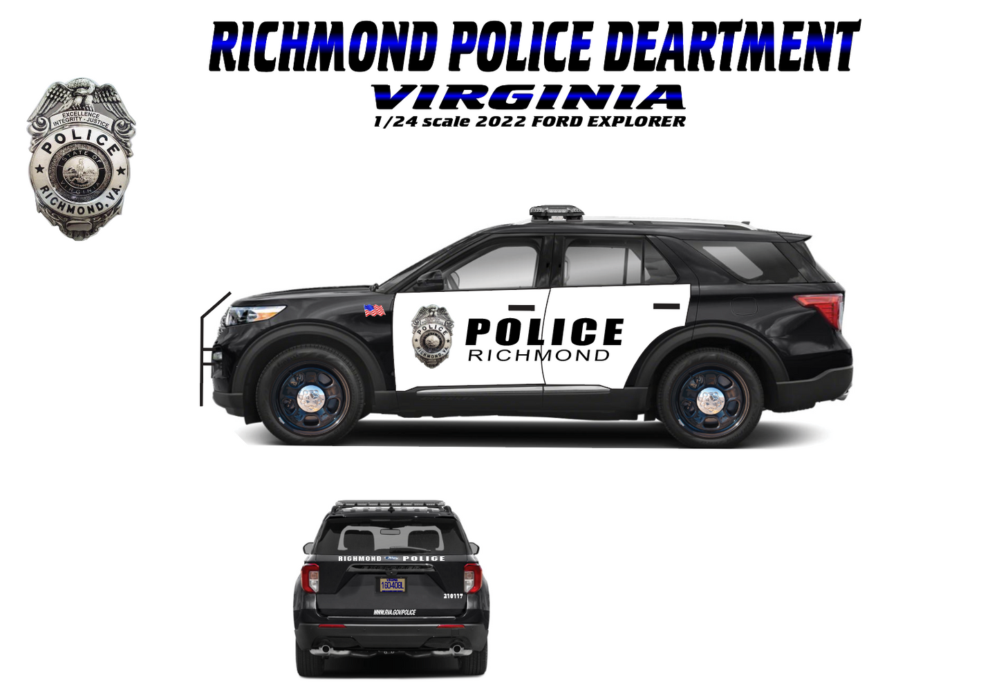 1/24 Scale 2022 Ford Explorer Richmond Virginia Police Diecast Model – Working Lights & Siren – Custom Hand-Built by Badboys Creations