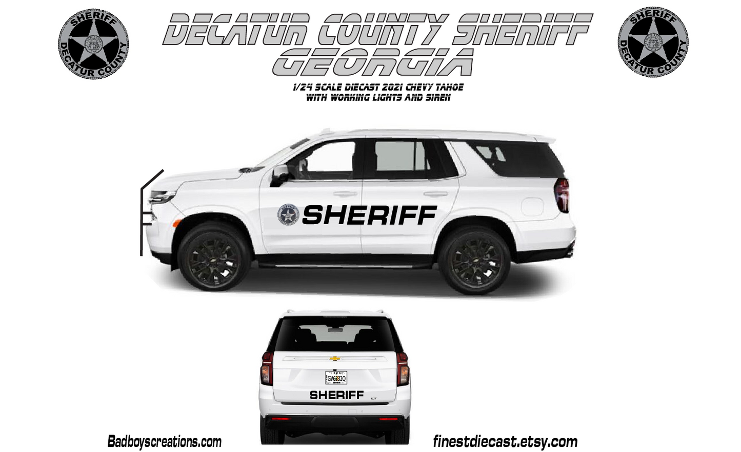 1/24 Scale 2025 Chevy Tahoe Decatur County Sheriff Georgia Waterslide Decals – Approx. 4 Sets Included – Laser Printed – Badboys Creations