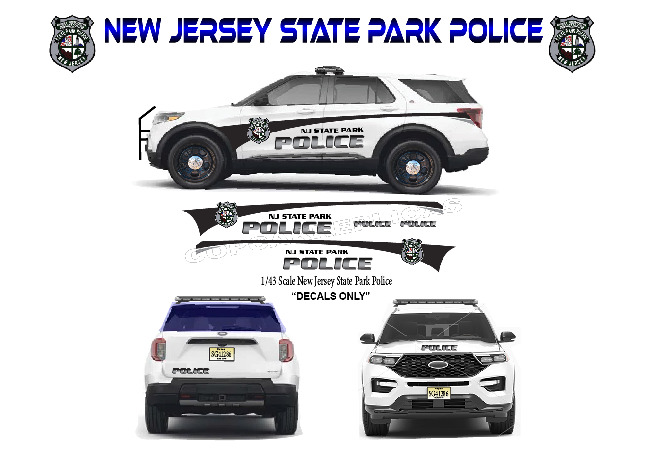 1/24 Scale 2022 Ford Explorer New Jersey State Park Police Waterslide Decals – Custom Diecast Graphics | Approx. 4 Sets | Badboys Creations
