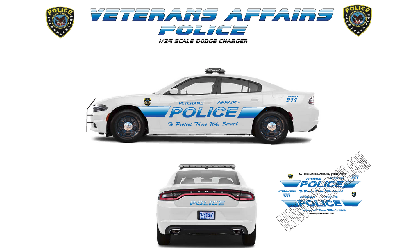 1/24 Scale 2023 Dodge Charger Veteran Affairs Police Waterslide Decals – Approx. 4 Sets – Decals Only