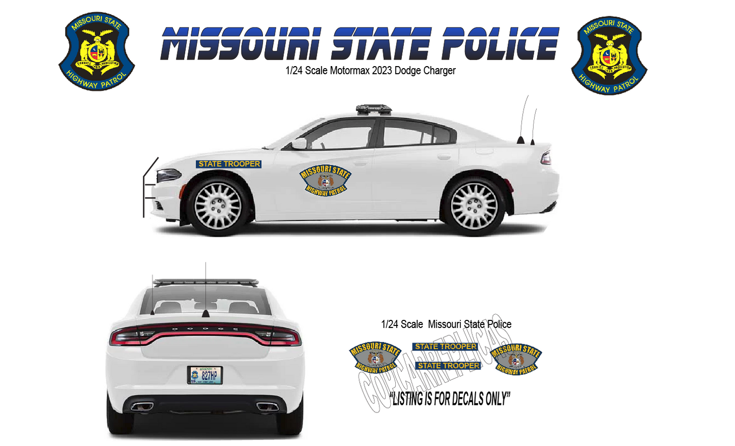1/24 Scale 2023 Dodge Charger Missouri State Police Waterslide Decals – Laser Printed – Approx. 4 Sets – Decals Only