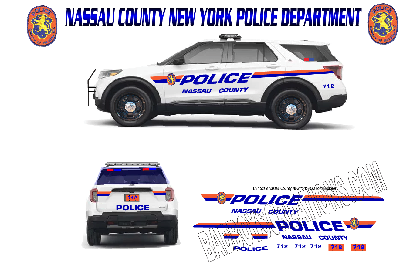 1/24 Scale 2022 Ford Explorer Nassau County New York Police Waterslide Decals Set – Approx. 4 Sets Included | Badboys Creations