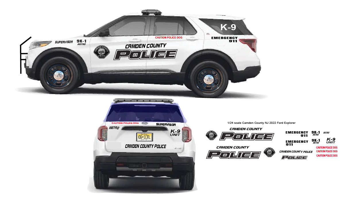 1/24 Scale 2022 Ford Explorer Camden County New Jersey Police Waterslide Decals – Custom Laser Printed Set (Approx. 4 Sets) – Decals Only
