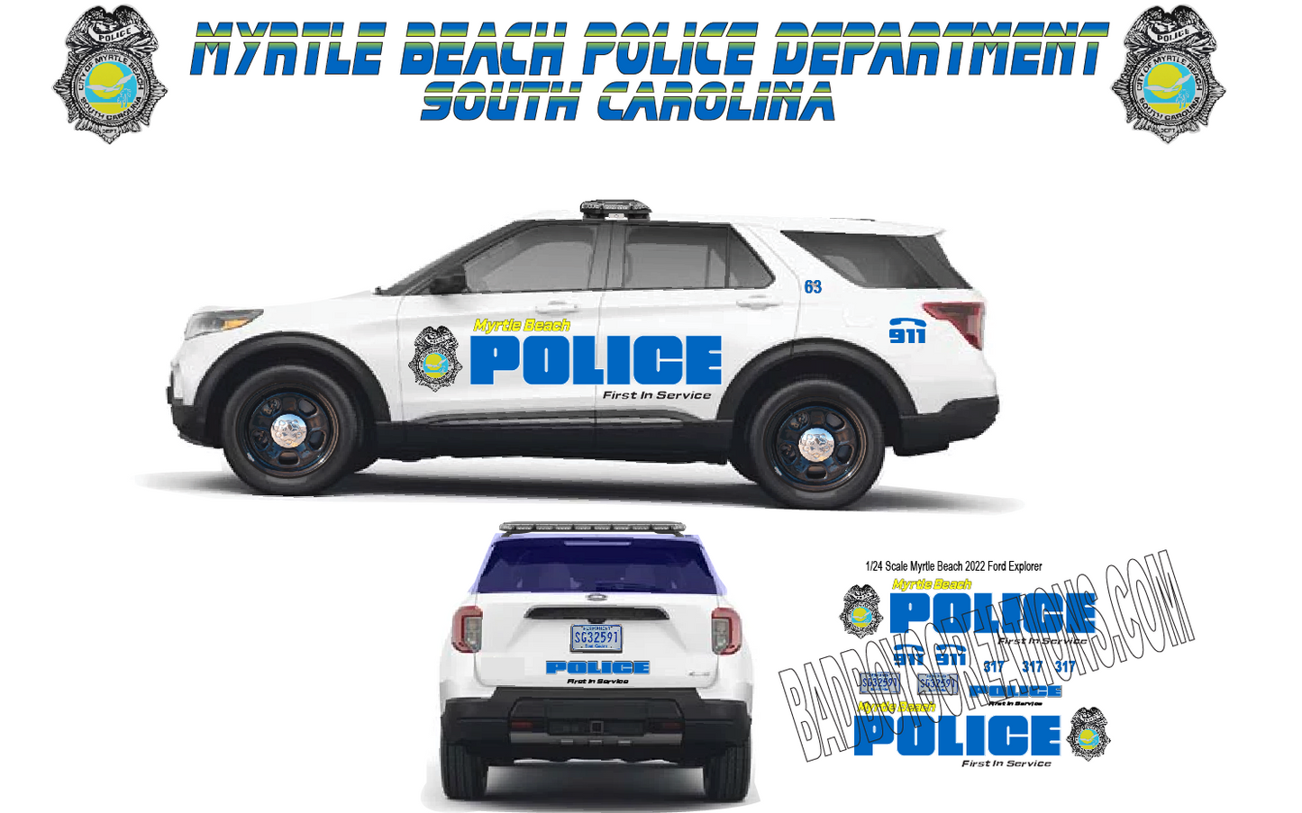 1/24 Scale 2022 Ford Explorer Myrtle Beach South Carolina Police Waterslide Decals – Custom Diecast Decal Set (Approx. 4 Sets) – By Badboys Creations