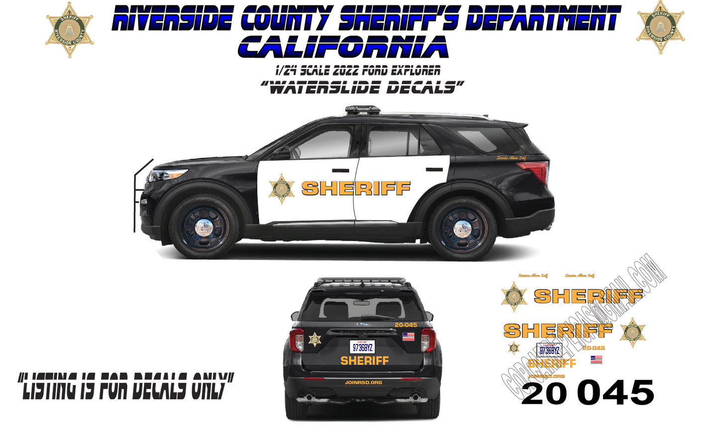 1/24 Scale 2022 Ford Explorer Riverside County Sheriff California Waterslide Decals – Custom Diecast Graphics (Decals Only) | Badboys Creations