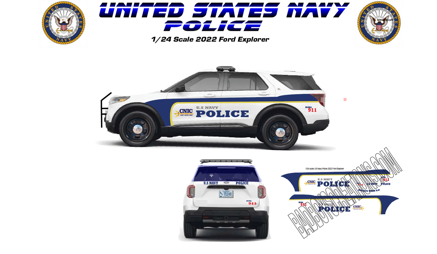 1/24 Scale 2022 Ford Explorer United States Navy Police Waterslide Decals – Federal Patrol Graphics – Approx. 4 Sets – Decals Only | Badboys Creations