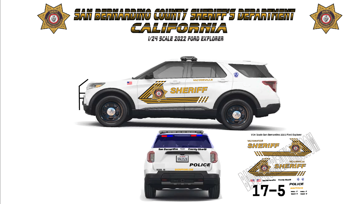 1/24 Scale 2022 Ford Explorer San Bernardino County Sheriff California Waterslide Decals – Custom Diecast Police Graphics (Approx. 4 Sets)