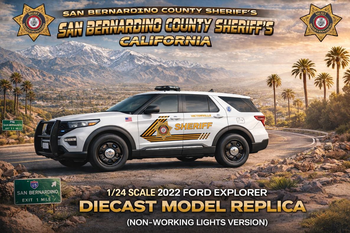 1/24 Scale 2022 Ford Explorer San Bernardino County Sheriff California Diecast Model Replica – Custom Police SUV – Non-Working Lights | Badboys Creations