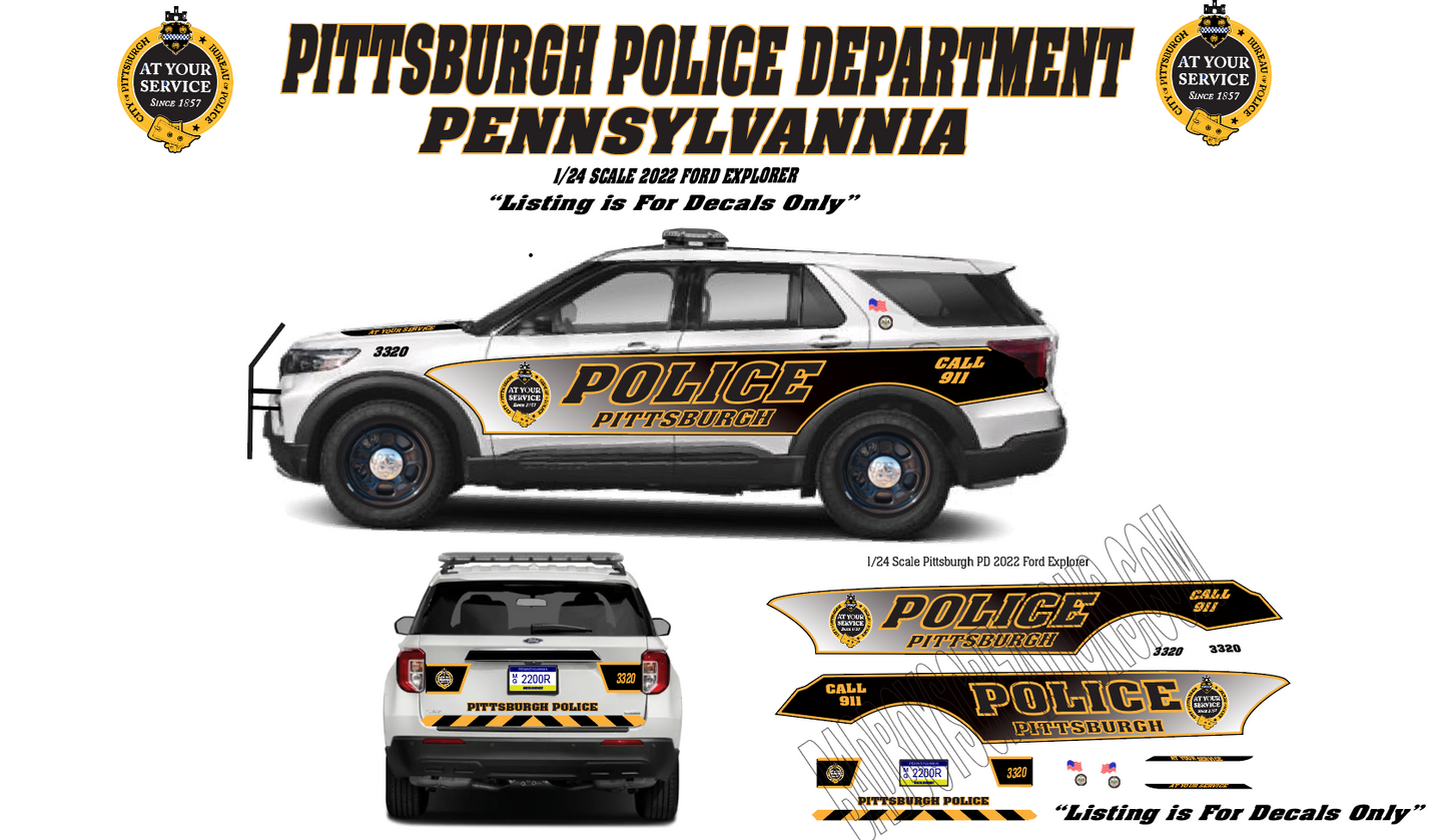 1/24 Scale 2022 Ford Explorer Pittsburgh Pennsylvania Police Waterslide Decals – Fits Diecast Models – Badboys Creations