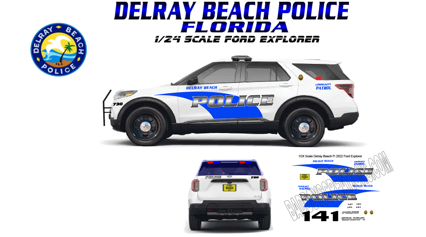 1/24 Scale 2022 Ford Explorer Delray Beach Florida Police Waterslide Decals – Model Car Graphics Set – Badboys Creations