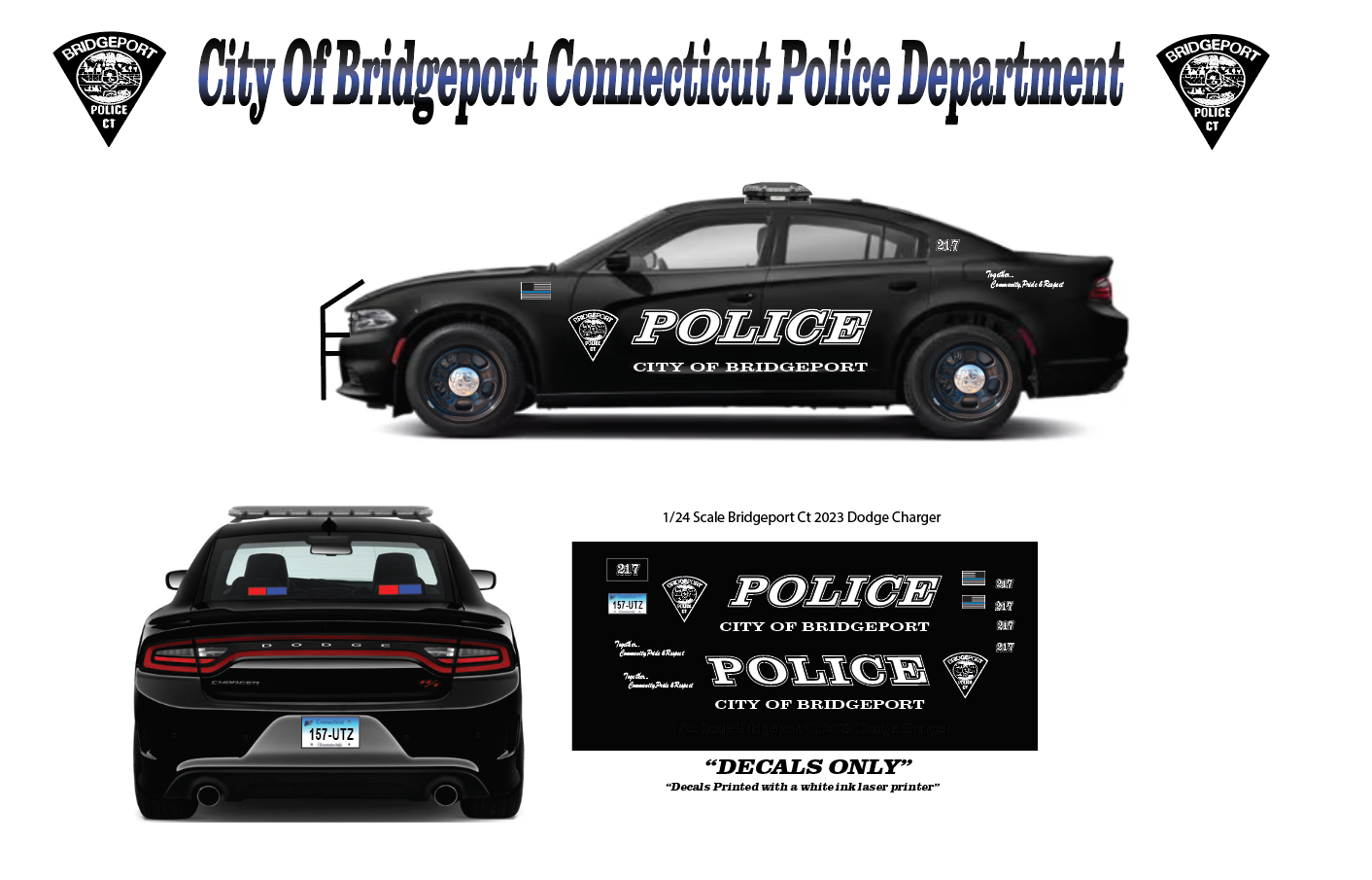1/24 Scale 2023 Dodge Charger Bridgeport Connecticut Police Waterslide Decals – City of Bridgeport CT Police Graphics – Fits 1/24 Diecast Charger – Badboys Creations