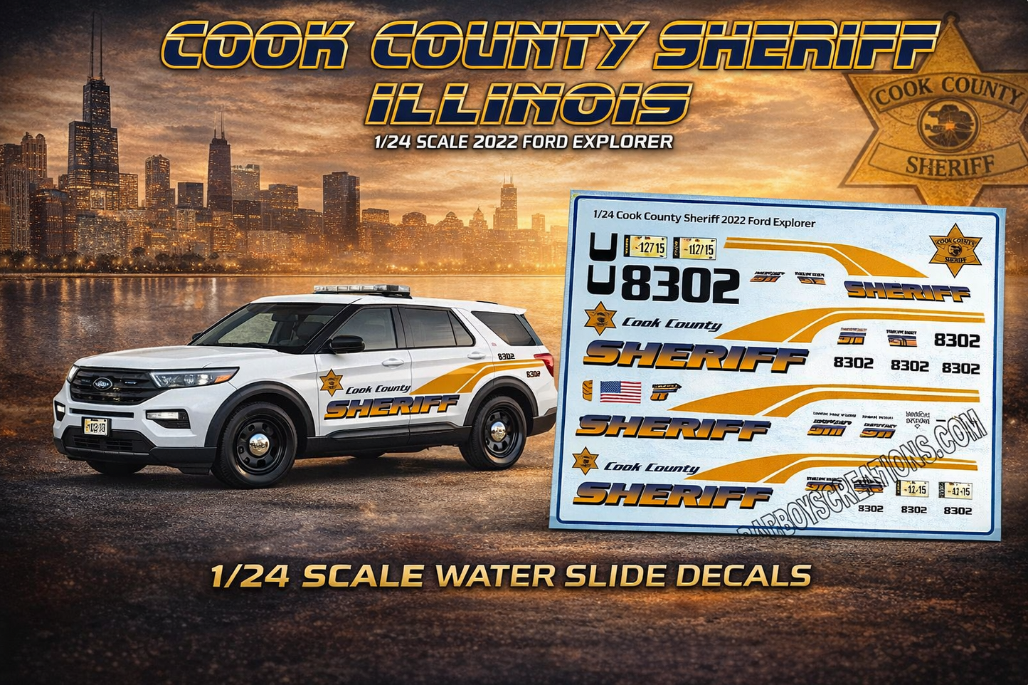 1/24 Scale 2022 Ford Explorer Cook County Illinois Sheriff Waterslide Decals – Police Diecast Graphics Set (Approx. 4 Sets) | Badboys Creations