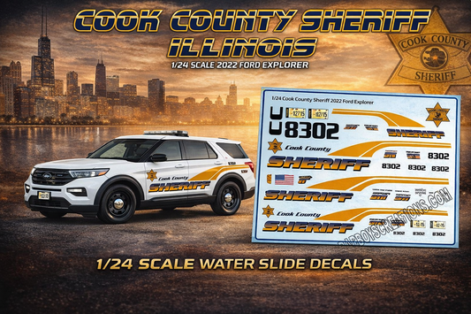 1/24 Scale 2022 Ford Explorer Cook County Illinois Sheriff Waterslide Decals – Police Diecast Graphics Set (Approx. 4 Sets) | Badboys Creations