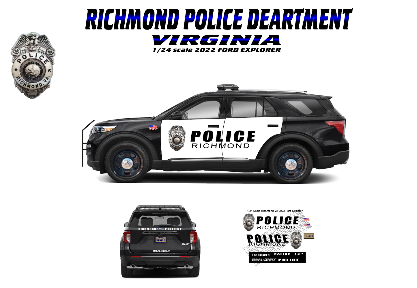 1/24 Scale 2022 Ford Explorer Richmond Virginia Police Waterslide Decals – Diecast Model Graphics Set | Badboys Creations