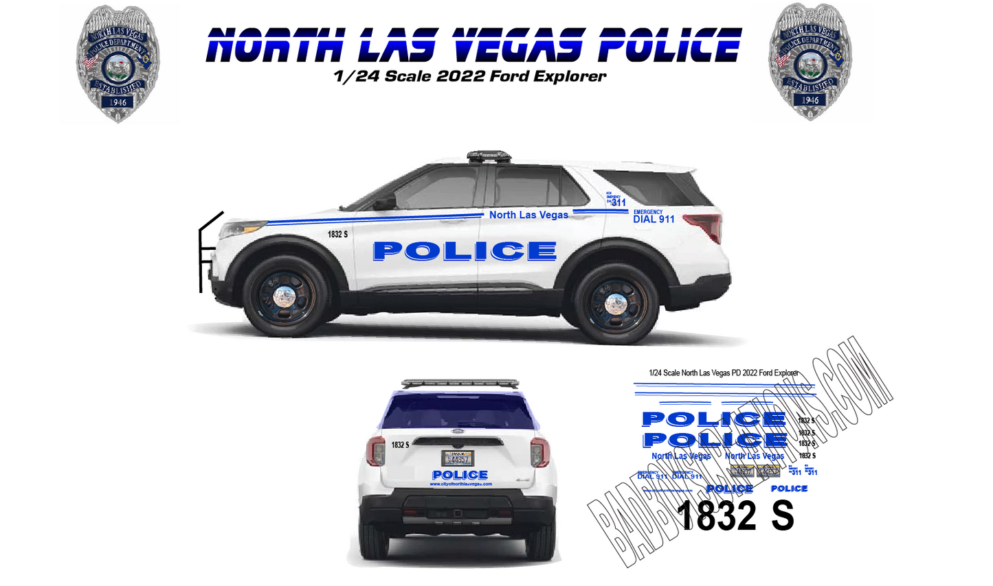 1/24 Scale 2022 Ford Explorer North Las Vegas Police Waterslide Decals – Nevada Police Graphics – Set of 4 – Badboys Creations