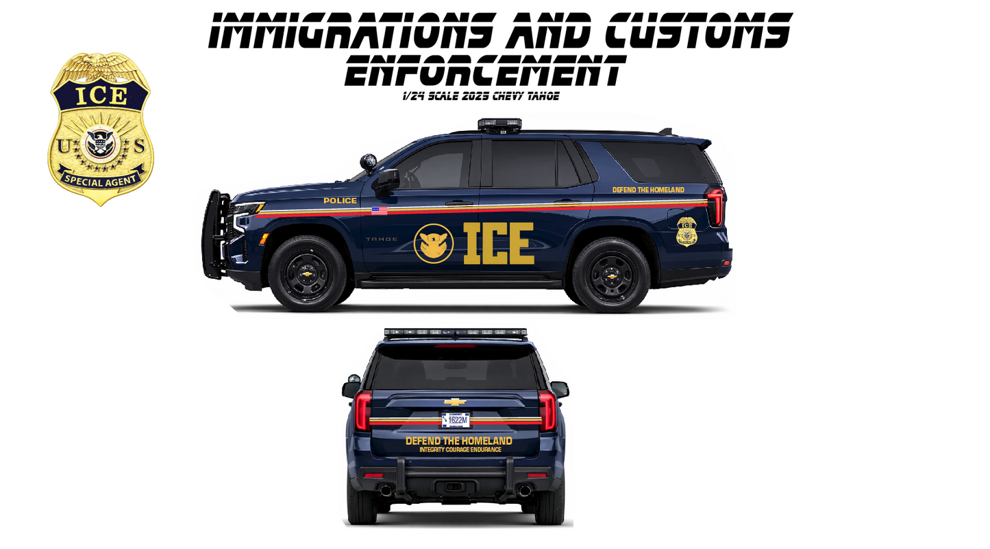 1/24 Scale 2025 Chevy Tahoe ICE Police Diecast Model – Immigration & Customs Enforcement Replica w/ Working Lights & Siren – Law Enforcement Collectible