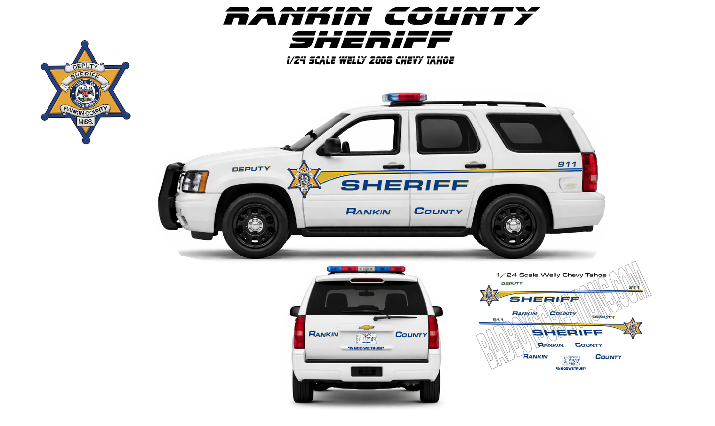 1/24 Scale 2008 Chevy Tahoe Rankin County Mississippi Sheriff Waterslide Decals – Diecast Police Model Graphics Set (Approx. 4 Sets Included)