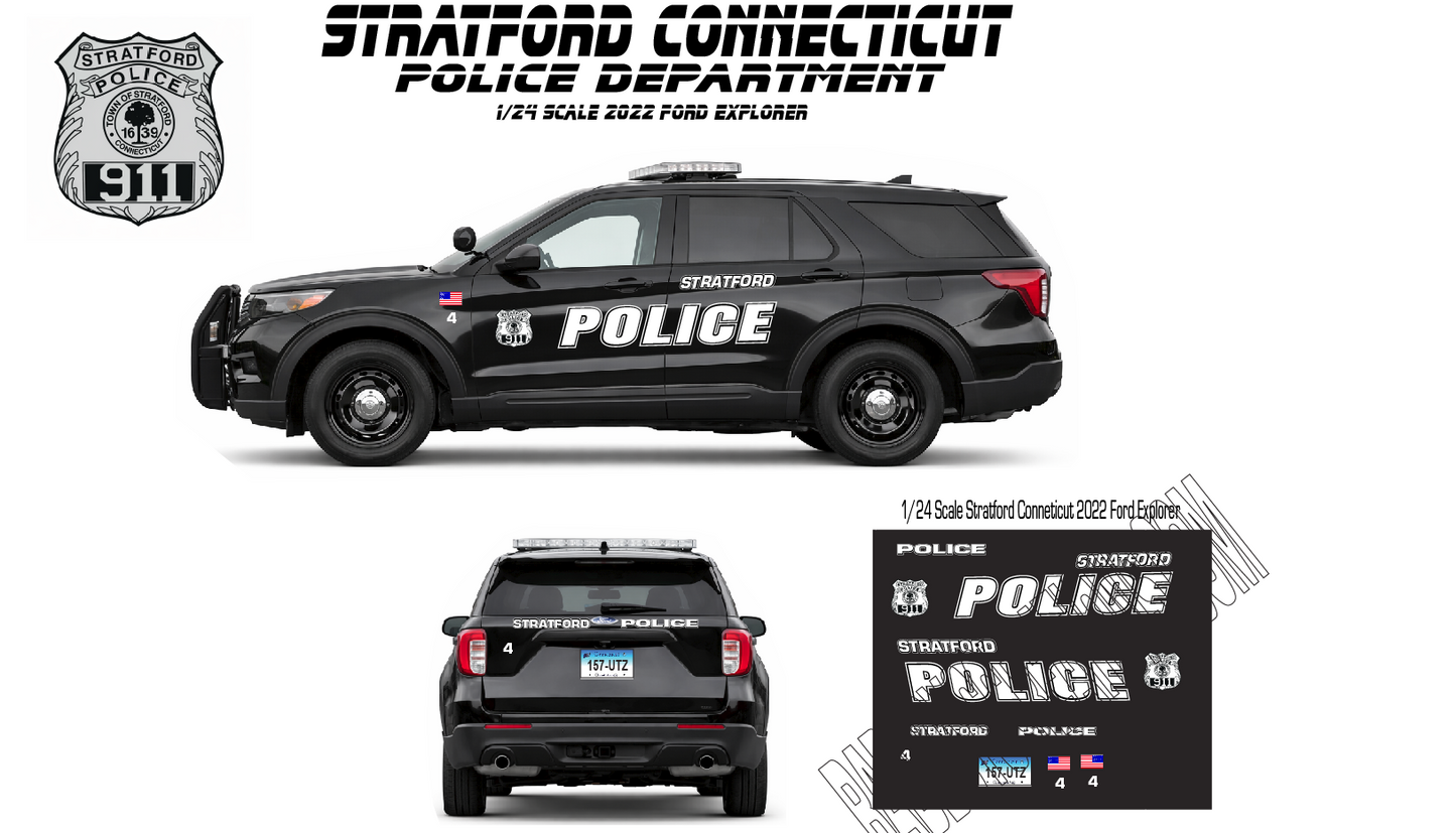 1/24 Scale Stratford Connecticut Police Waterslide Decals – 2022 Ford Explorer Police Graphics – Diecast Model Decal Set – Approx. 4 Sets Included