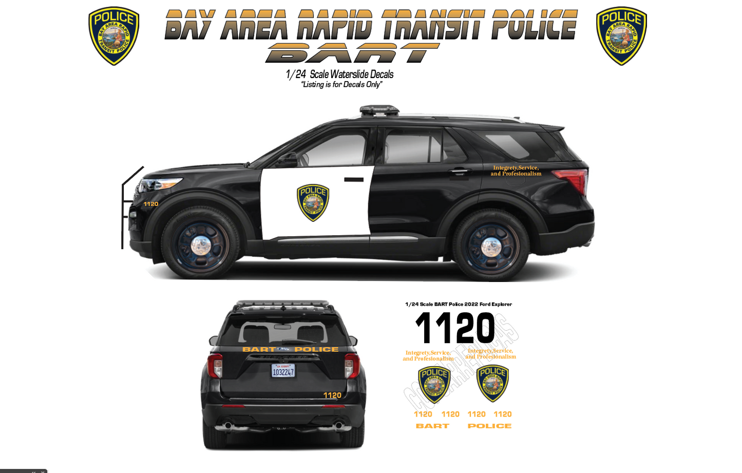 1/24 Scale BART Police Waterslide Decals – 2022 Ford Explorer Bay Area Rapid Transit Police Graphics – Diecast Model Decal Set – Approx. 4 Sets Included