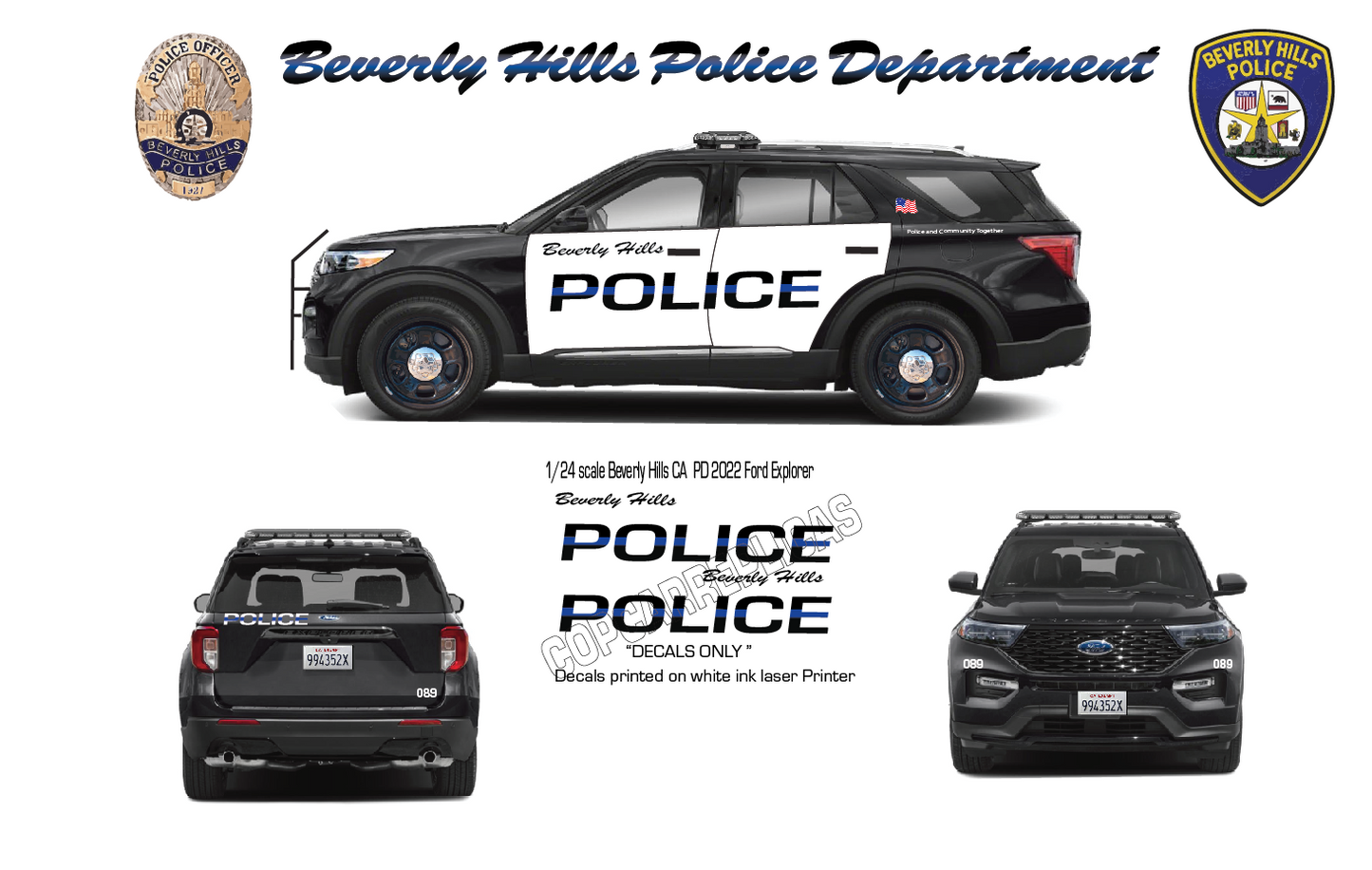 1/24 Scale Beverly Hills California Police Waterslide Decals for 2022 Ford Explorer – Custom Diecast Graphics – Approx. 4 Sets Included