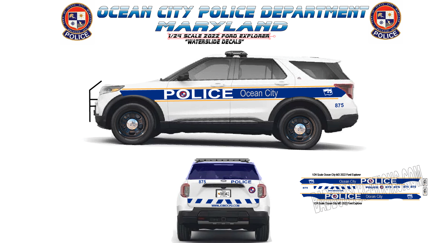 1/24 Scale 2022 Ford Explorer Ocean City Maryland Police Waterslide Decals – Custom Diecast Graphics – Approx. 4 Sets Included